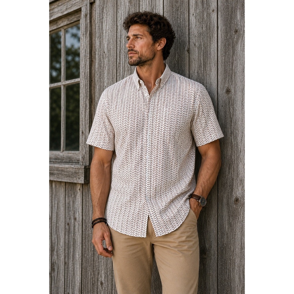 Perry Ellis Slim Fit‎ Chevron Button Up Shirt Short Sleeve Men L White Red Blue